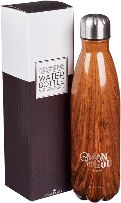 Man Of God Brown Water Bottle w/1 Timothy 6:11 - Christian Water Bottle for Men (17oz Stainless Steel Double Wall Vacuum Insulated For All Day Hot or Cold Beverages