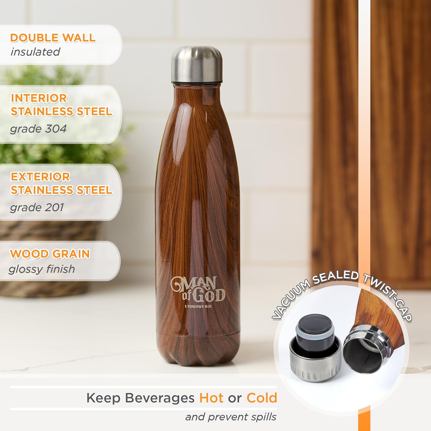 Man Of God Brown Water Bottle w/1 Timothy 6:11 - Christian Water Bottle for Men (17oz Stainless Steel Double Wall Vacuum Insulated For All Day Hot or Cold Beverages