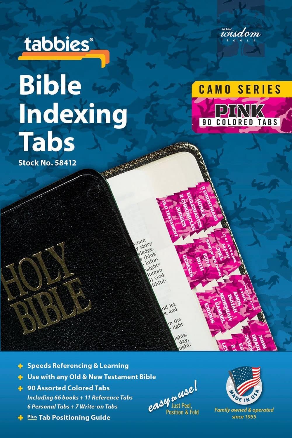 Tabbies Pink Camo Bible Indexing Tabs, Old & New Testaments, 90 Tabs Including 66 Books, 11 Reference, 6 Personal, 7 Write-on Tabs (58412