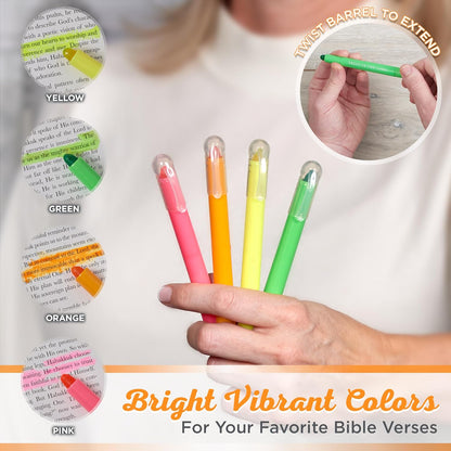Christian Art Gifts Twist & Glide - Juego de resaltadores de gel multicolor para estudio, oficina, hogar, escuela, a prueba de manchas, sin sangrado, rosa, verde, naranja, amarillo con escritura,