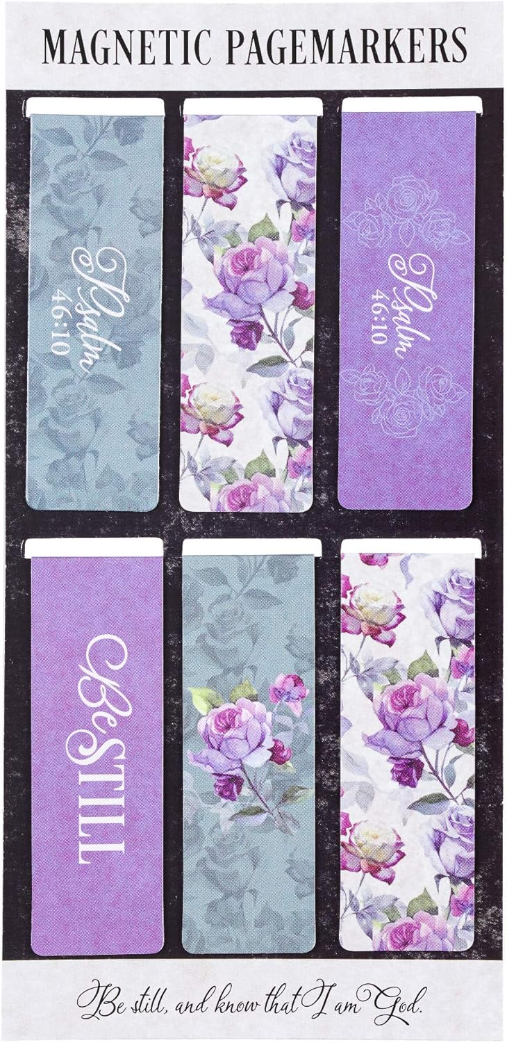 Christian Art Gifts Set of 6 Be Still and Know - Psalm 46:10 Purple Roses Inspirational Magnetic Bible Verse Bookmark with Scripture, Size Small 2.3" x .75"