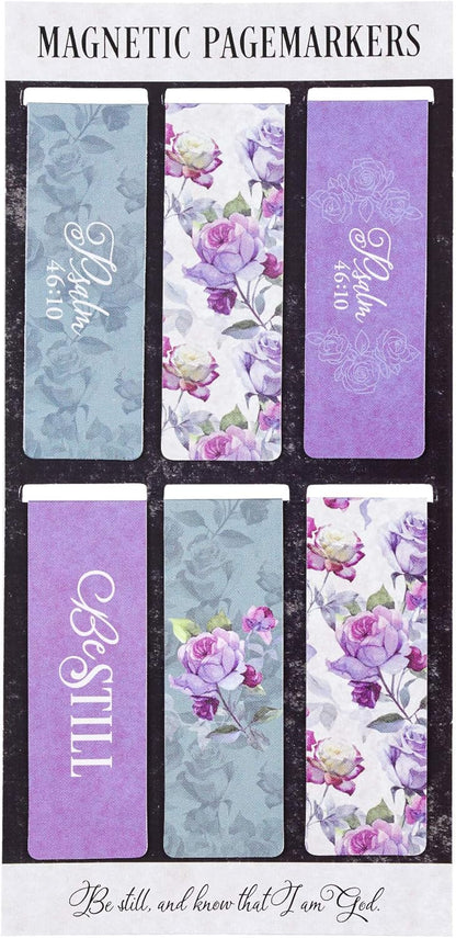 Christian Art Gifts Set of 6 Be Still and Know - Psalm 46:10 Purple Roses Inspirational Magnetic Bible Verse Bookmark with Scripture, Size Small 2.3" x .75"