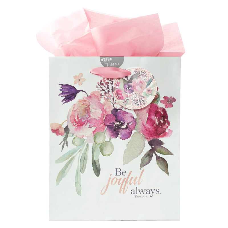 Christian Art Gifts Pink Gift Bag Set | Be Joyful Always Watercolor Floral 1 Thessalonians 5:16 Bible Verse | Medium Gift Bag with Tissue Paper for Women