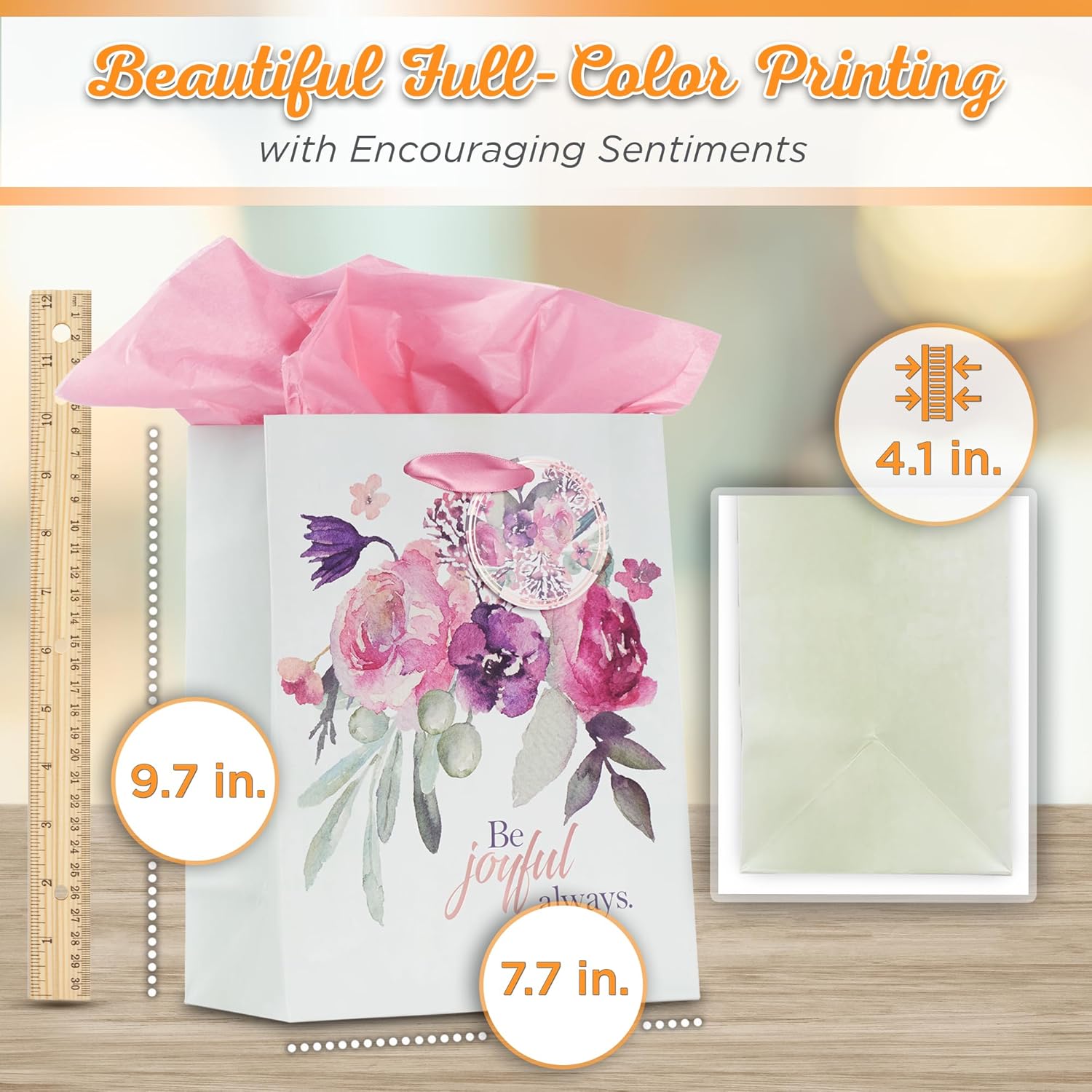 Christian Art Gifts Pink Gift Bag Set | Be Joyful Always Watercolor Floral 1 Thessalonians 5:16 Bible Verse | Medium Gift Bag with Tissue Paper for Women