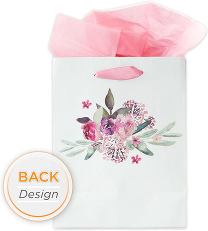 Christian Art Gifts Pink Gift Bag Set | Be Joyful Always Watercolor Floral 1 Thessalonians 5:16 Bible Verse | Medium Gift Bag with Tissue Paper for Women