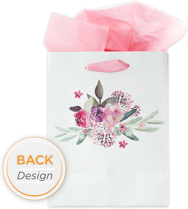 Christian Art Gifts Pink Gift Bag Set | Be Joyful Always Watercolor Floral 1 Thessalonians 5:16 Bible Verse | Medium Gift Bag with Tissue Paper for Women
