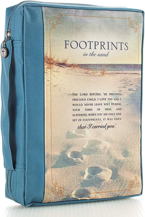 Footprints in The Sand - Funda de lona de polietileno azul para mujer, funda extragrande con cremallera para Biblia o libro con asa