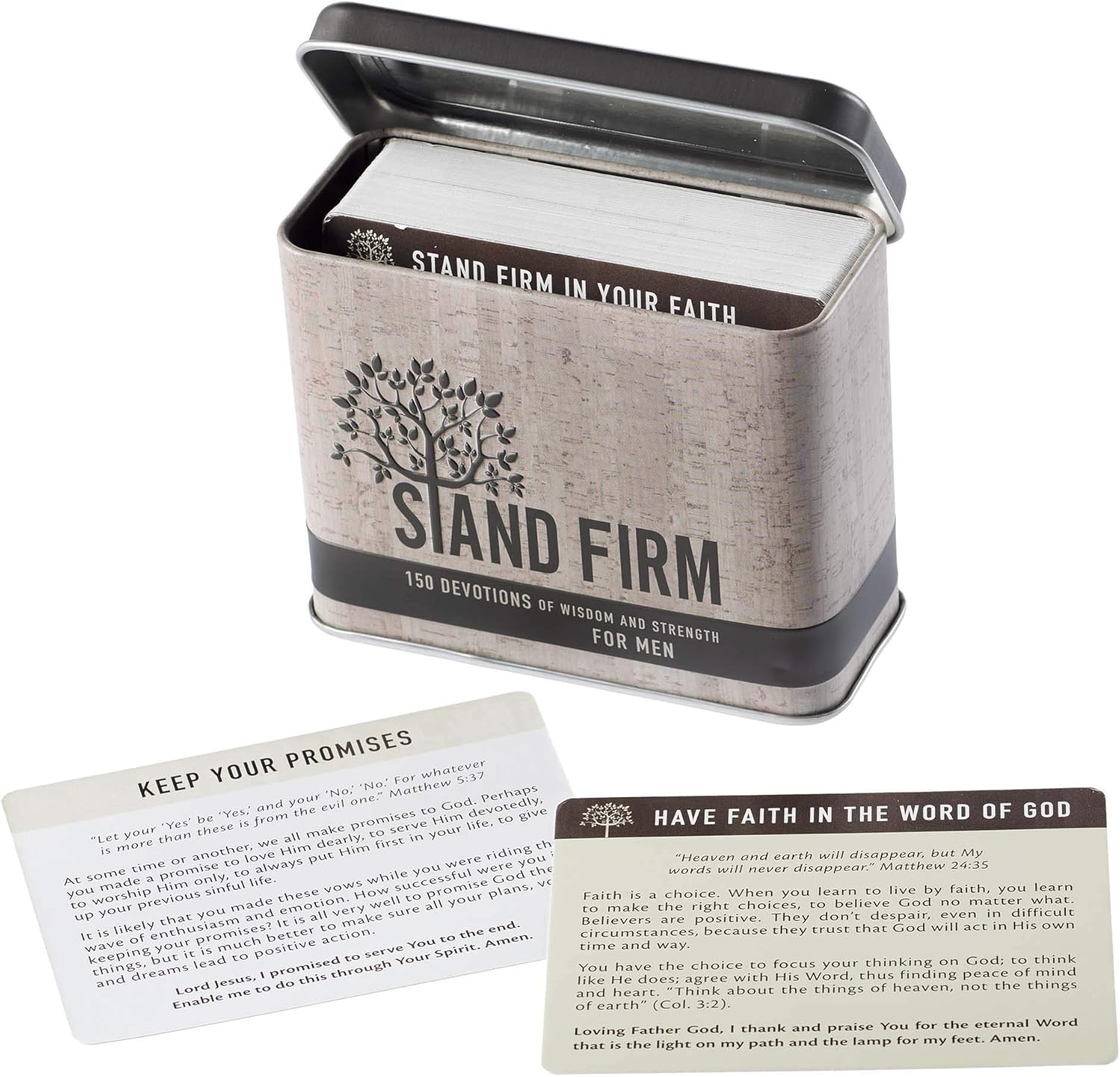 Christian Art Gifts Devotional Cards In Tin | Stand Firm – 75 Double Sided Cards | Bible Verse Encouraging Gift for Men
