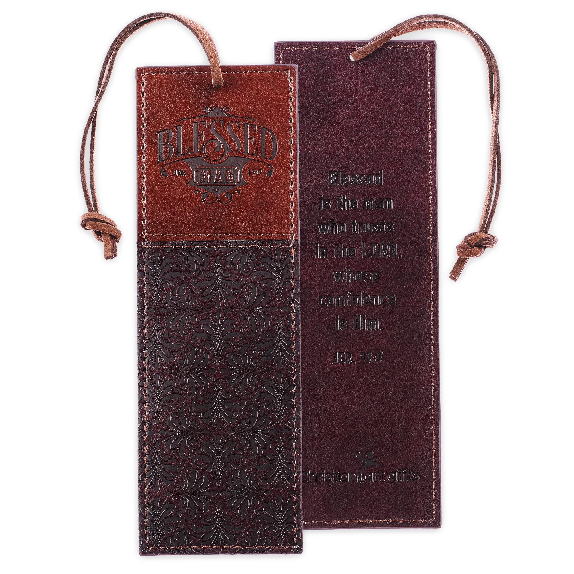 Christian Art Gifts Faux Leather Bookmark Blessed Man Jeremiah 17:7 w/Corded Tassel