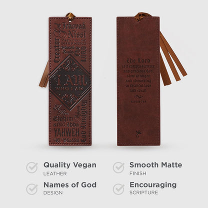 Christian Art Gifts Marcapáginas de piel sintética con nombres de Dios Éxodo 34:5, versículo bíblico con borla de cinta de satén, marrón