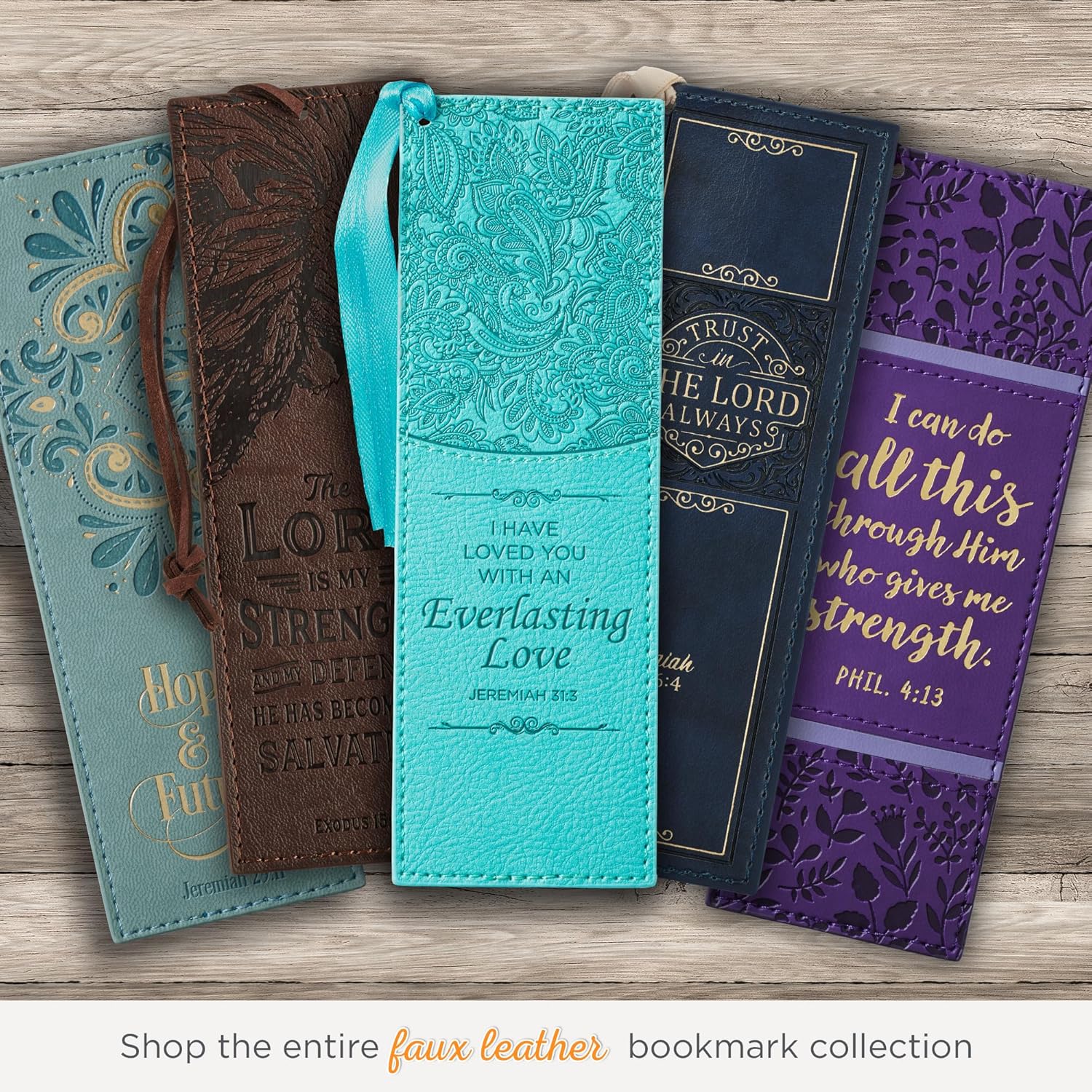 Christian Art Gifts Faux Leather Bookmark Everlasting Love Jeremiah 31:3 Bible Verse w/Satin Ribbon Tassel, Teal