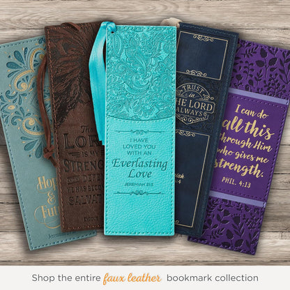 Christian Art Gifts Faux Leather Bookmark Everlasting Love Jeremiah 31:3 Bible Verse w/Satin Ribbon Tassel, Teal
