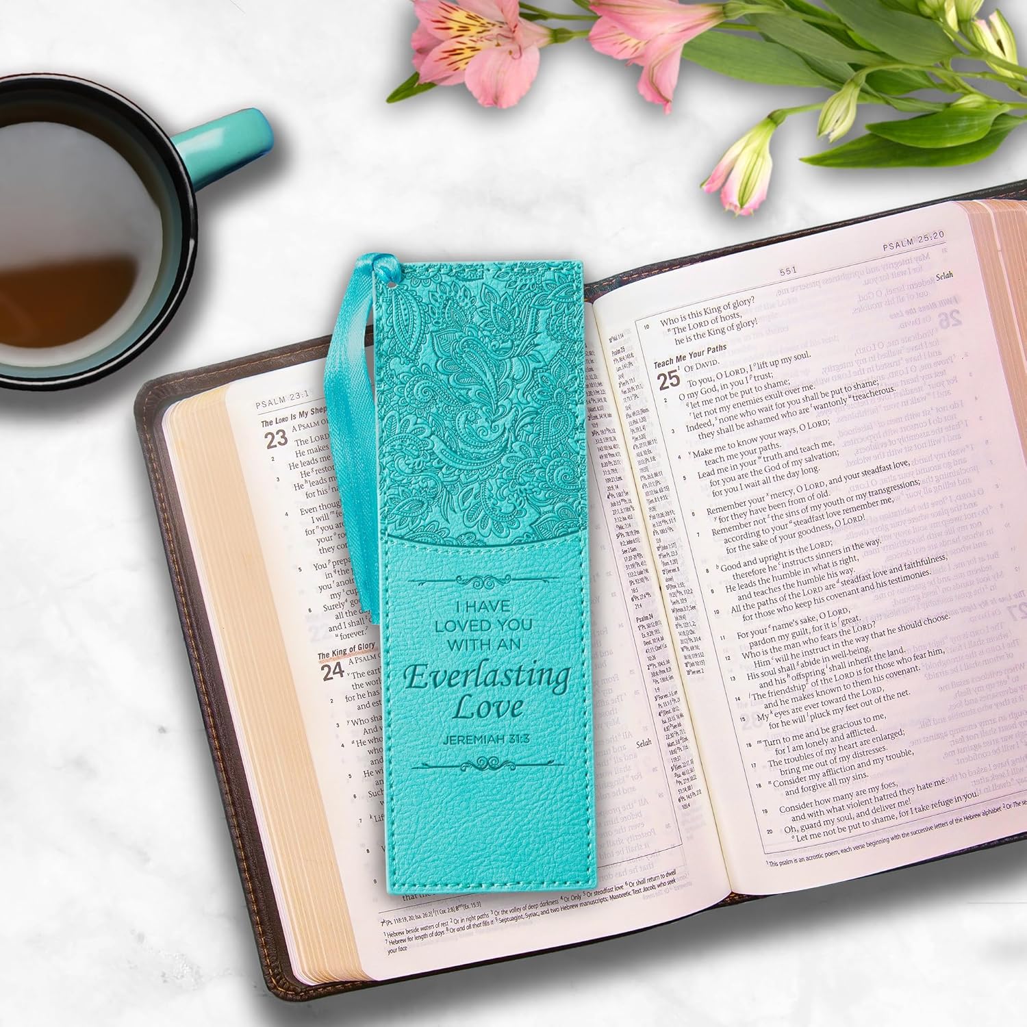 Christian Art Gifts Faux Leather Bookmark Everlasting Love Jeremiah 31:3 Bible Verse w/Satin Ribbon Tassel, Teal