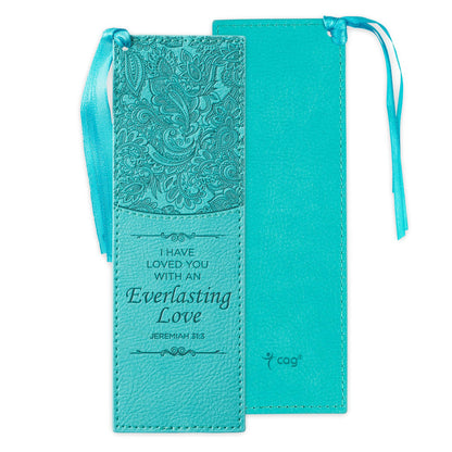Christian Art Gifts Faux Leather Bookmark Everlasting Love Jeremiah 31:3 Bible Verse w/Satin Ribbon Tassel, Teal