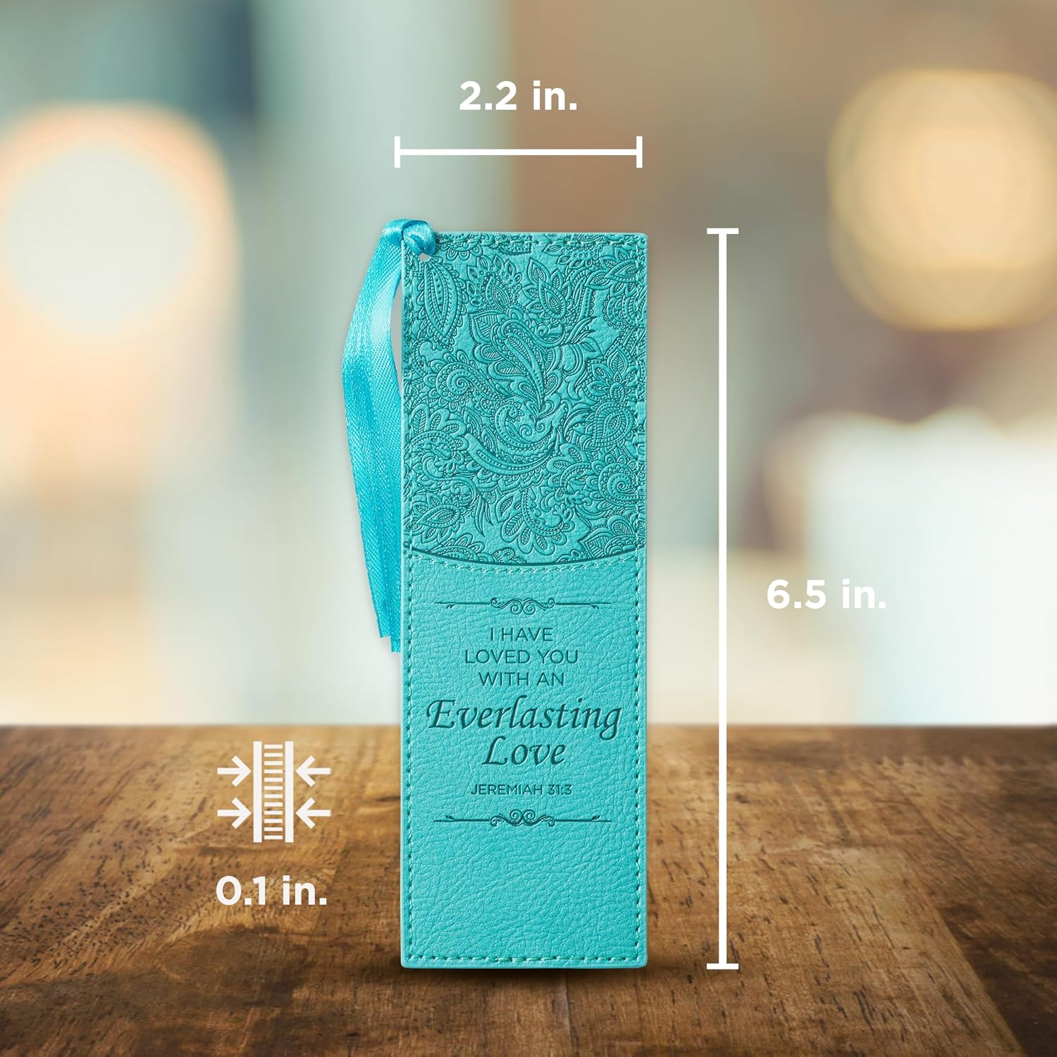 Christian Art Gifts Faux Leather Bookmark Everlasting Love Jeremiah 31:3 Bible Verse w/Satin Ribbon Tassel, Teal