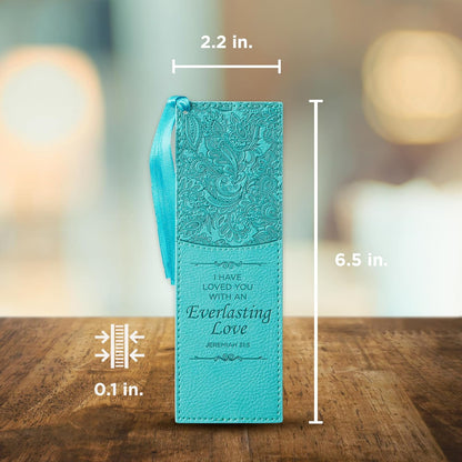 Christian Art Gifts Faux Leather Bookmark Everlasting Love Jeremiah 31:3 Bible Verse w/Satin Ribbon Tassel, Teal