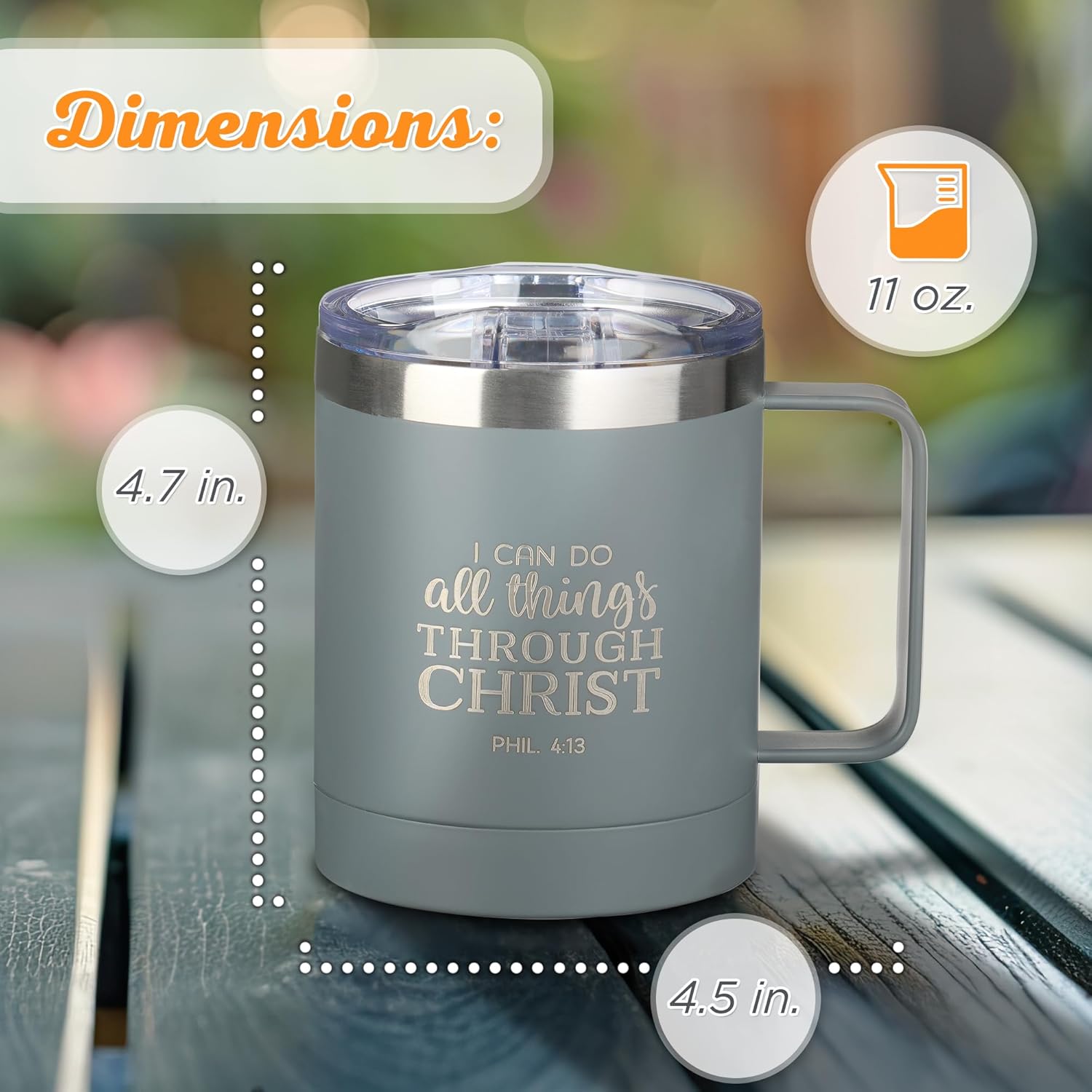 Christian Art Gifts Stainless Steel Double Wall Vacuum Insulated Camp Style Travel Mug 11 oz Gray Coffee Mug with Lid and Handle for Men and Women - All Through Christ -Philippians 4:13