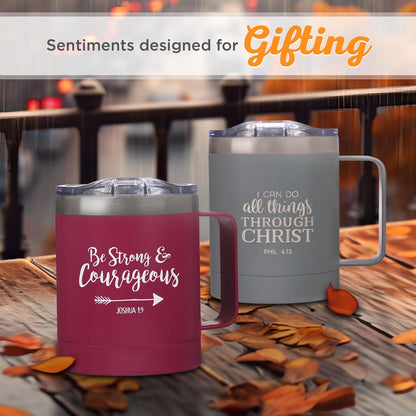 Christian Art Gifts Stainless Steel Double Wall Vacuum Insulated Camp Style Travel Mug 11 oz Gray Coffee Mug with Lid and Handle for Men and Women - All Through Christ -Philippians 4:13