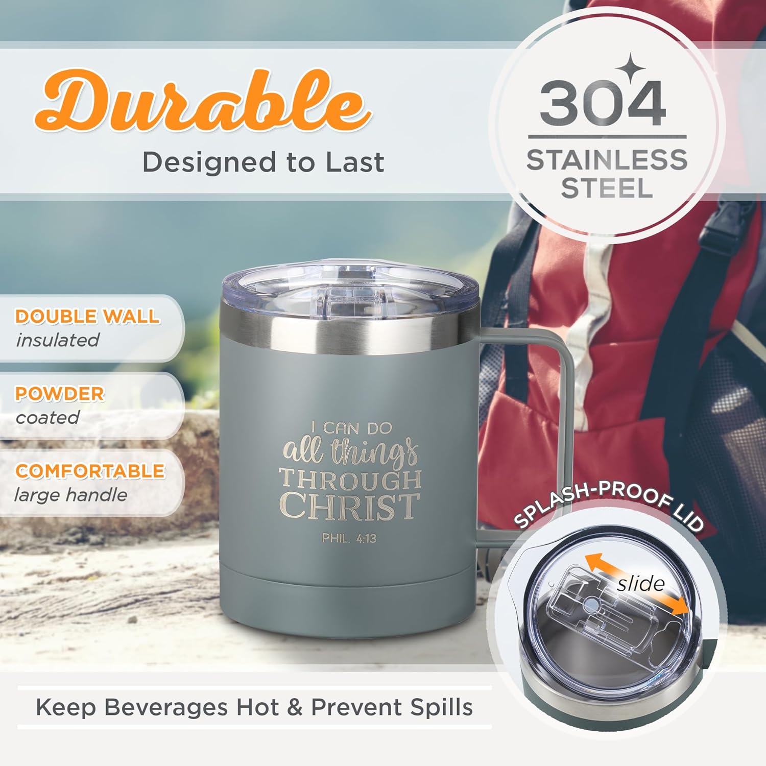 Christian Art Gifts Stainless Steel Double Wall Vacuum Insulated Camp Style Travel Mug 11 oz Gray Coffee Mug with Lid and Handle for Men and Women - All Through Christ -Philippians 4:13