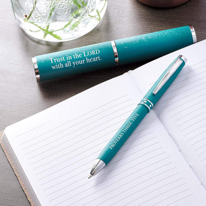 Trust In The Lord Teal Stylish Classic Pen in Matching Gift Case - Proverbs 3:5 Bible Verse Refillable Retractable Medium Ballpoint Pen for Bullet Journal Planner Writing Note Taking Calendar Agenda