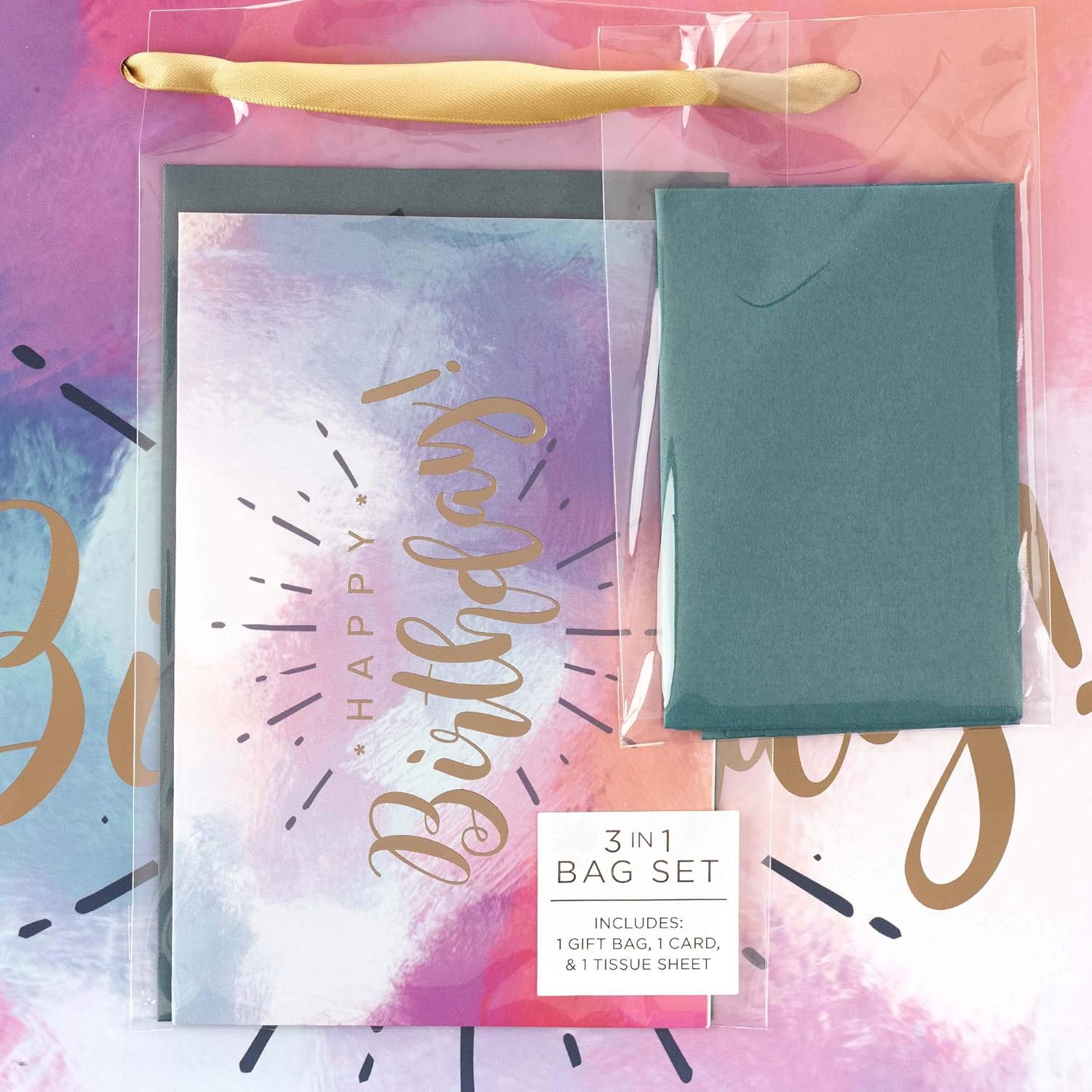 WITH LOVE Happy Birthday Women's Large Gift Bag Set w/Card & Tissue Paper Blue Pink Purple Watercolor Design for Her Birthday Inspirational Gift Wrap Bag, Landscape 10" x 12.5" x 3.9"