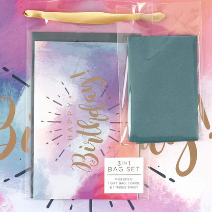 WITH LOVE Happy Birthday Women's Large Gift Bag Set w/Card & Tissue Paper Blue Pink Purple Watercolor Design for Her Birthday Inspirational Gift Wrap Bag, Landscape 10" x 12.5" x 3.9"