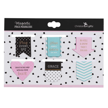 Christian Art Gifts Magnetic Scripture Bookmark Set for Men and Women: Pray Every Day Inspirational Pink and Teal Magnetic Bible Verse Pagemarker Set of 6 for Bibles and Books, Petite Cut Size 1” x 1”
