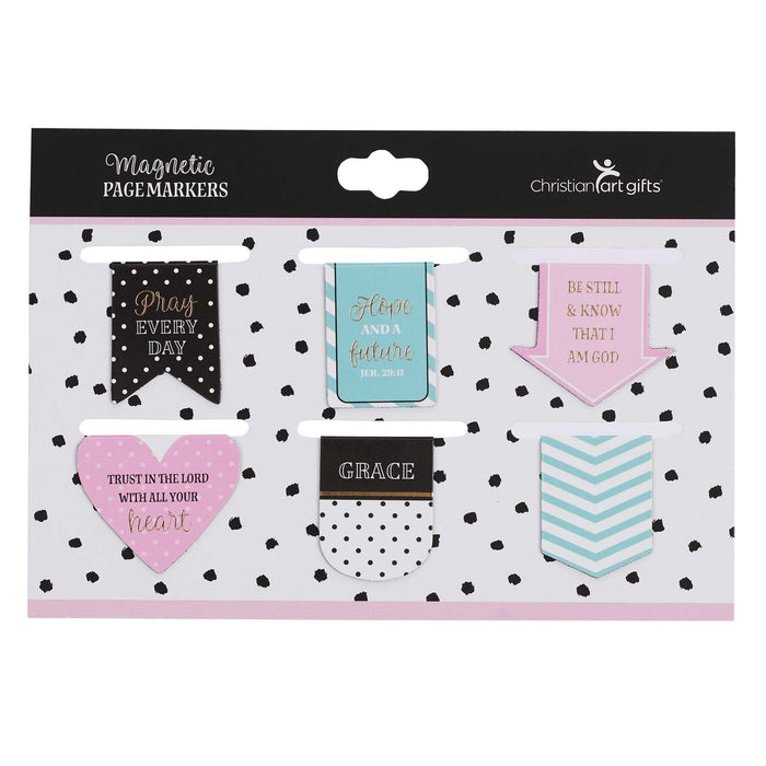 Christian Art Gifts Magnetic Scripture Bookmark Set for Men and Women: Pray Every Day Inspirational Pink and Teal Magnetic Bible Verse Pagemarker Set of 6 for Bibles and Books, Petite Cut Size 1” x 1”