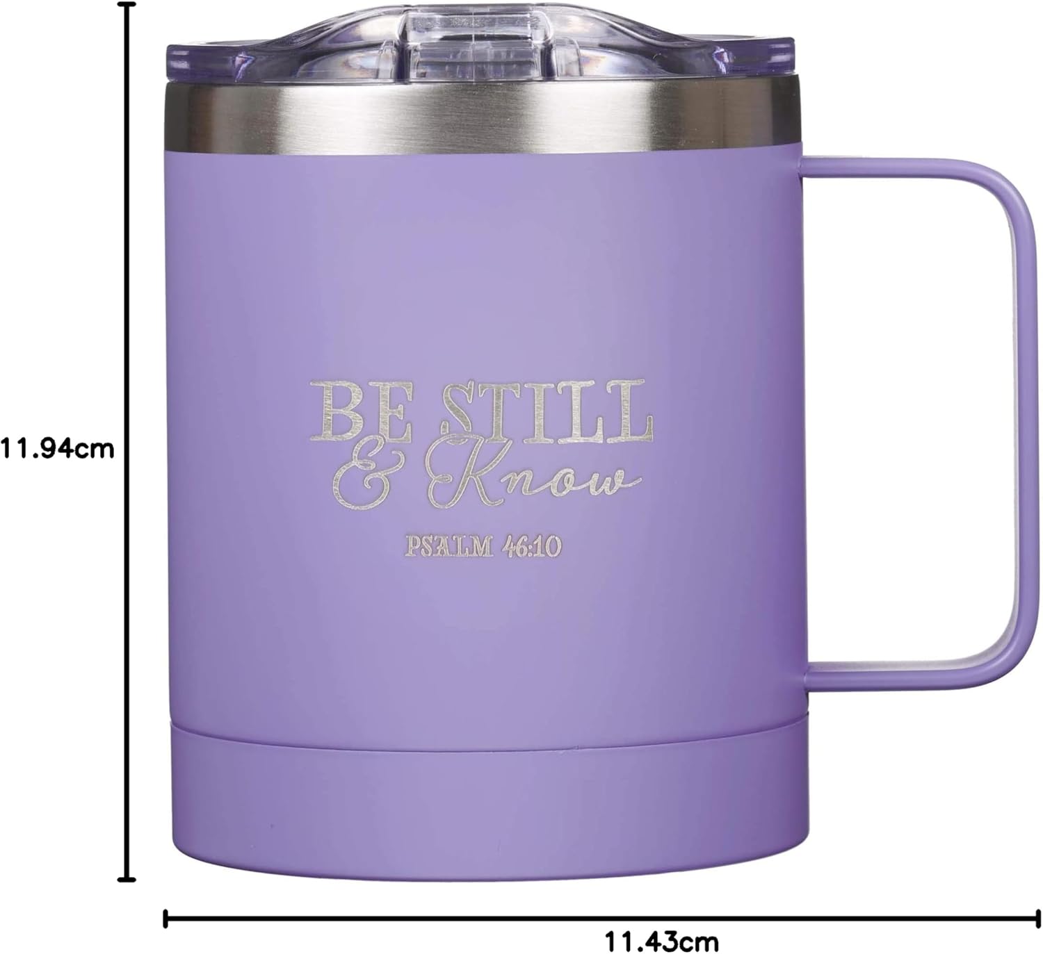 Be Still & Know Stainless Steel Purple Mug w/Psalm 46:10 - Camp Style Travel Mug, Christian Mug for Women or Men (11oz Double Wall Vacuum Insulated Coffee Mug with Lid and Handle