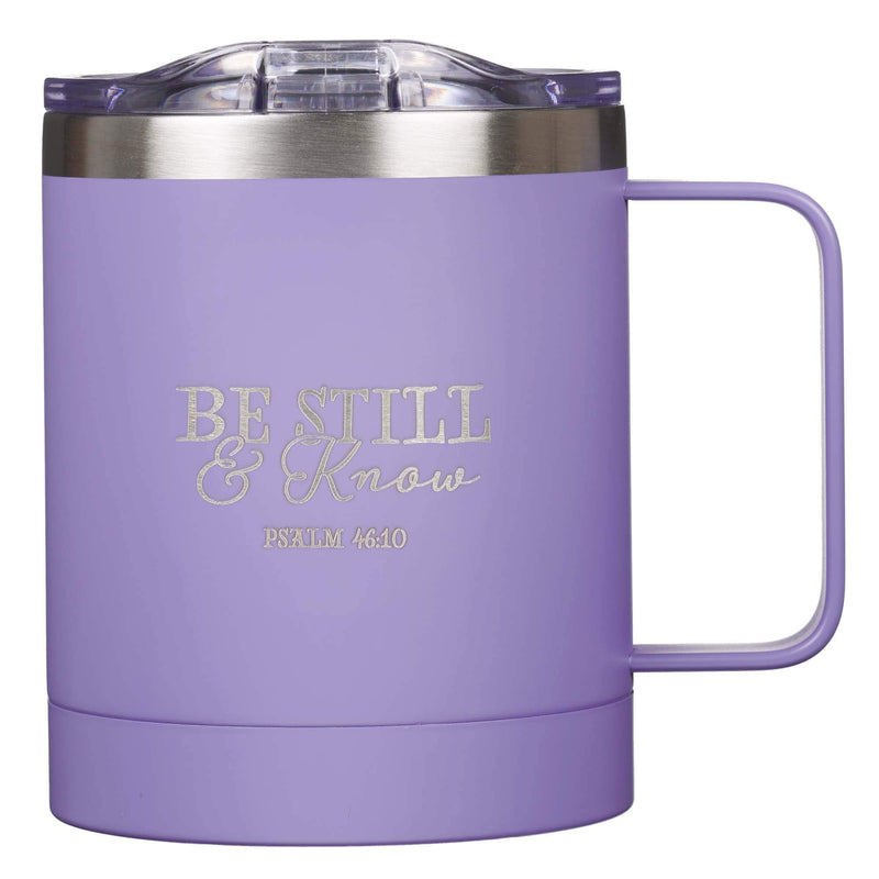 Be Still & Know Stainless Steel Purple Mug w/Psalm 46:10 - Camp Style Travel Mug, Christian Mug for Women or Men (11oz Double Wall Vacuum Insulated Coffee Mug with Lid and Handle