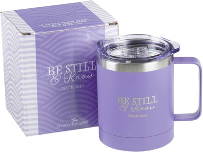 Be Still & Know Stainless Steel Purple Mug w/Psalm 46:10 - Camp Style Travel Mug, Christian Mug for Women or Men (11oz Double Wall Vacuum Insulated Coffee Mug with Lid and Handle