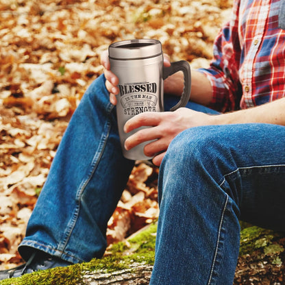 Christian Art Gifts Stainless Steel Travel Mug Double-Wall Vacuum Insulated Coffee Cup with Lid and Handle 16 oz BPA-free Lead-free Eco-Friendly Mug - Blessed Is The Man - Psalm 84:5