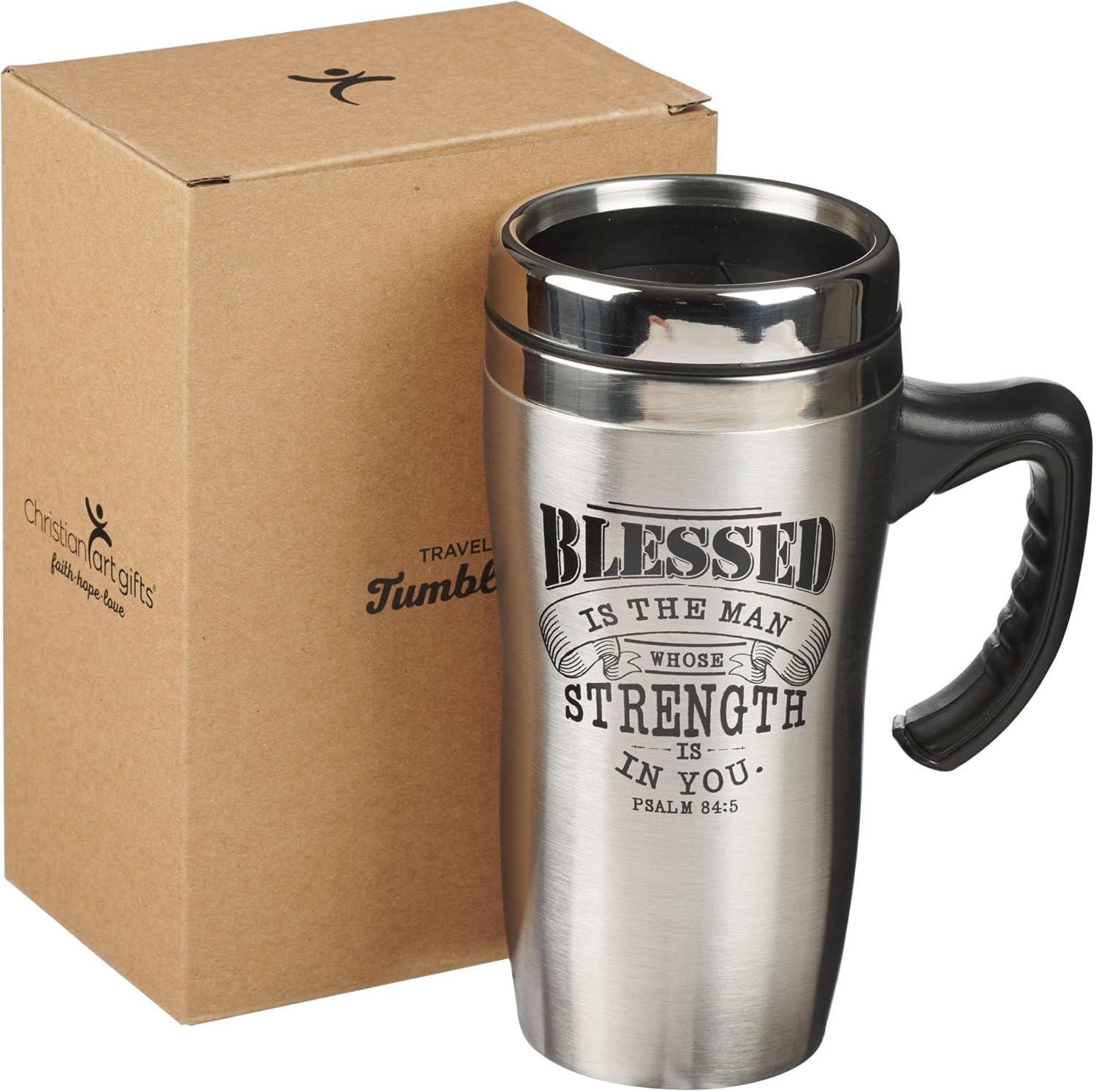 Christian Art Gifts Stainless Steel Travel Mug Double-Wall Vacuum Insulated Coffee Cup with Lid and Handle 16 oz BPA-free Lead-free Eco-Friendly Mug - Blessed Is The Man - Psalm 84:5