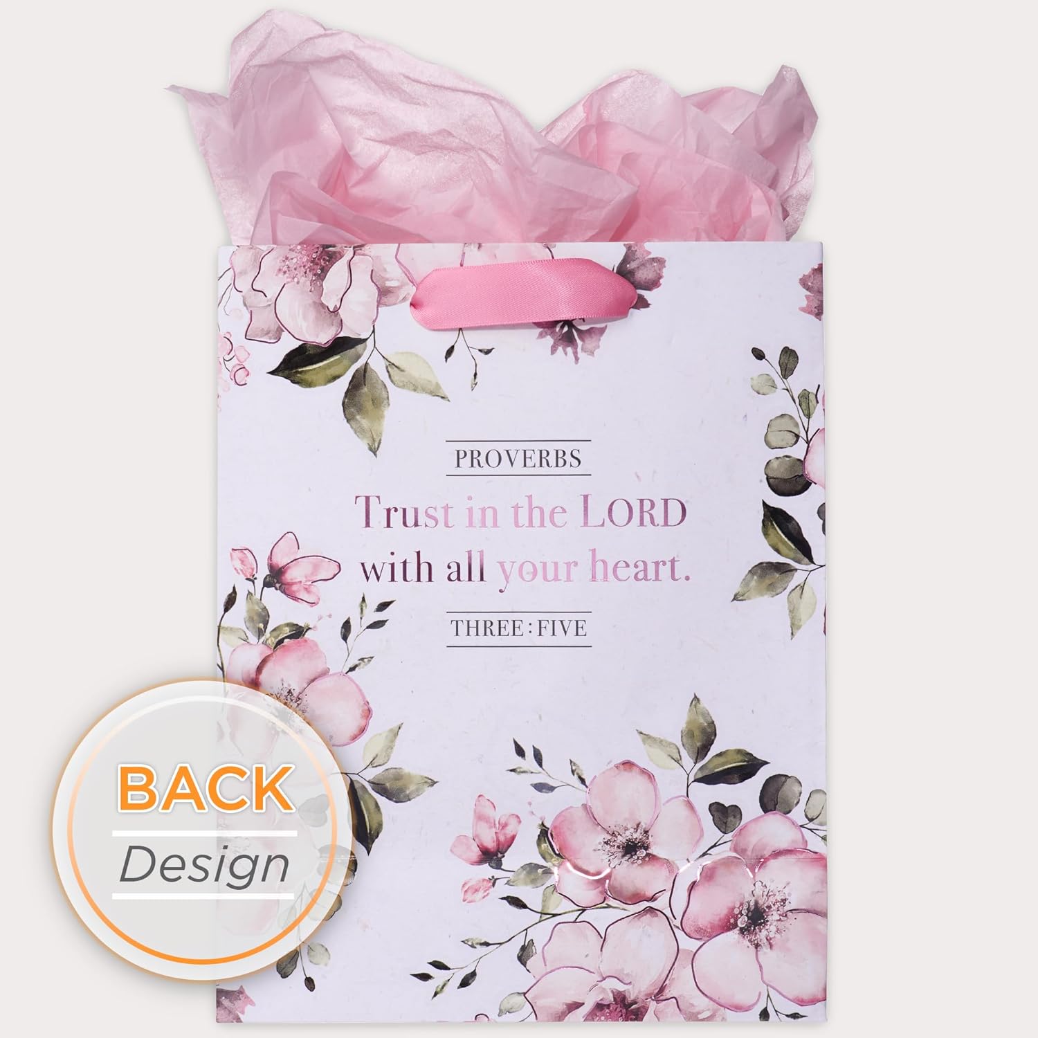 Christian Art Gifts Gift Bag/Tissue Paper Set Trust In The Lord Proverbs 3:5 Bible Verse, Pink, Medium