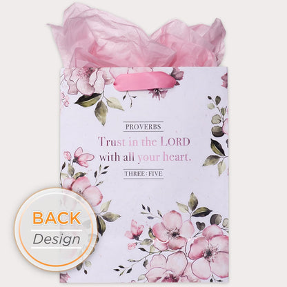 Christian Art Gifts Gift Bag/Tissue Paper Set Trust In The Lord Proverbs 3:5 Bible Verse, Pink, Medium