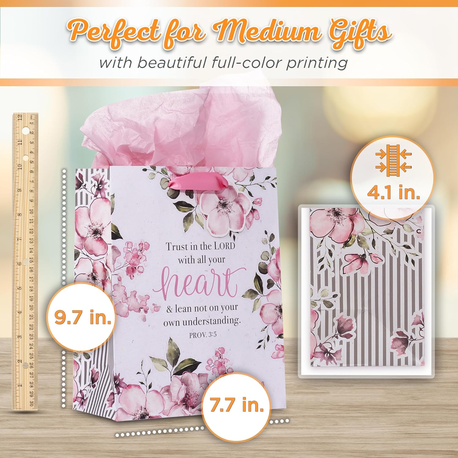 Christian Art Gifts Gift Bag/Tissue Paper Set Trust In The Lord Proverbs 3:5 Bible Verse, Pink, Medium