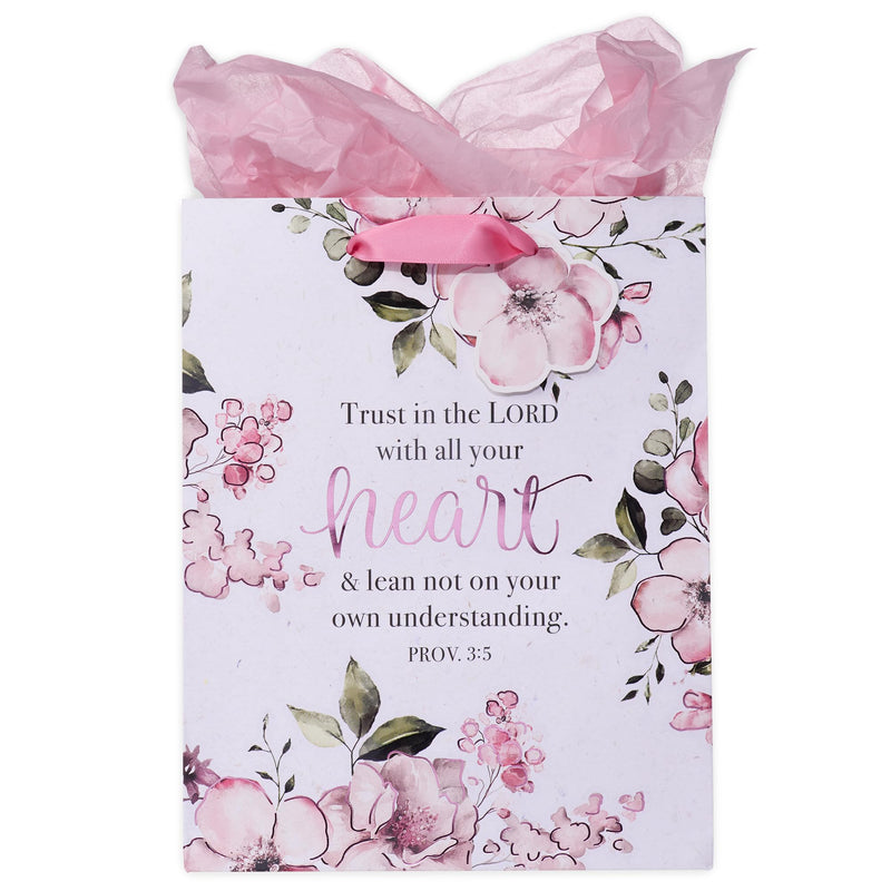 Christian Art Gifts Gift Bag/Tissue Paper Set Trust In The Lord Proverbs 3:5 Bible Verse, Pink, Medium