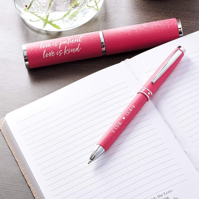 Love Is Patient Pink Stylish Classic Pen in Matching Gift Case-1 Corinthians 13:4-8 Bible Verse Refillable Retractable Medium Ballpoint Pen for Bullet Journal Planner Writing Note Taking Calendar