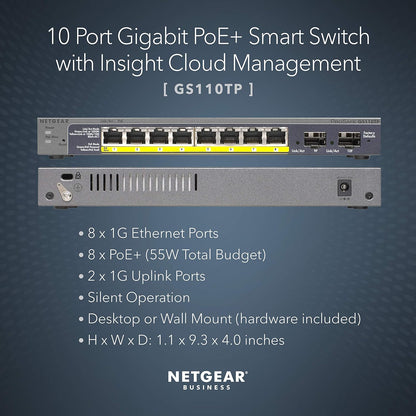 NETGEAR 10-Port PoE Gigabit Ethernet Smart Switch (GS110TP) - Managed, with 8 x PoE+ @ 55W, 2 x 1G SFP, Optional Insight Cloud Management, Desktop or Wall Mount, and Limited Lifetime Protection