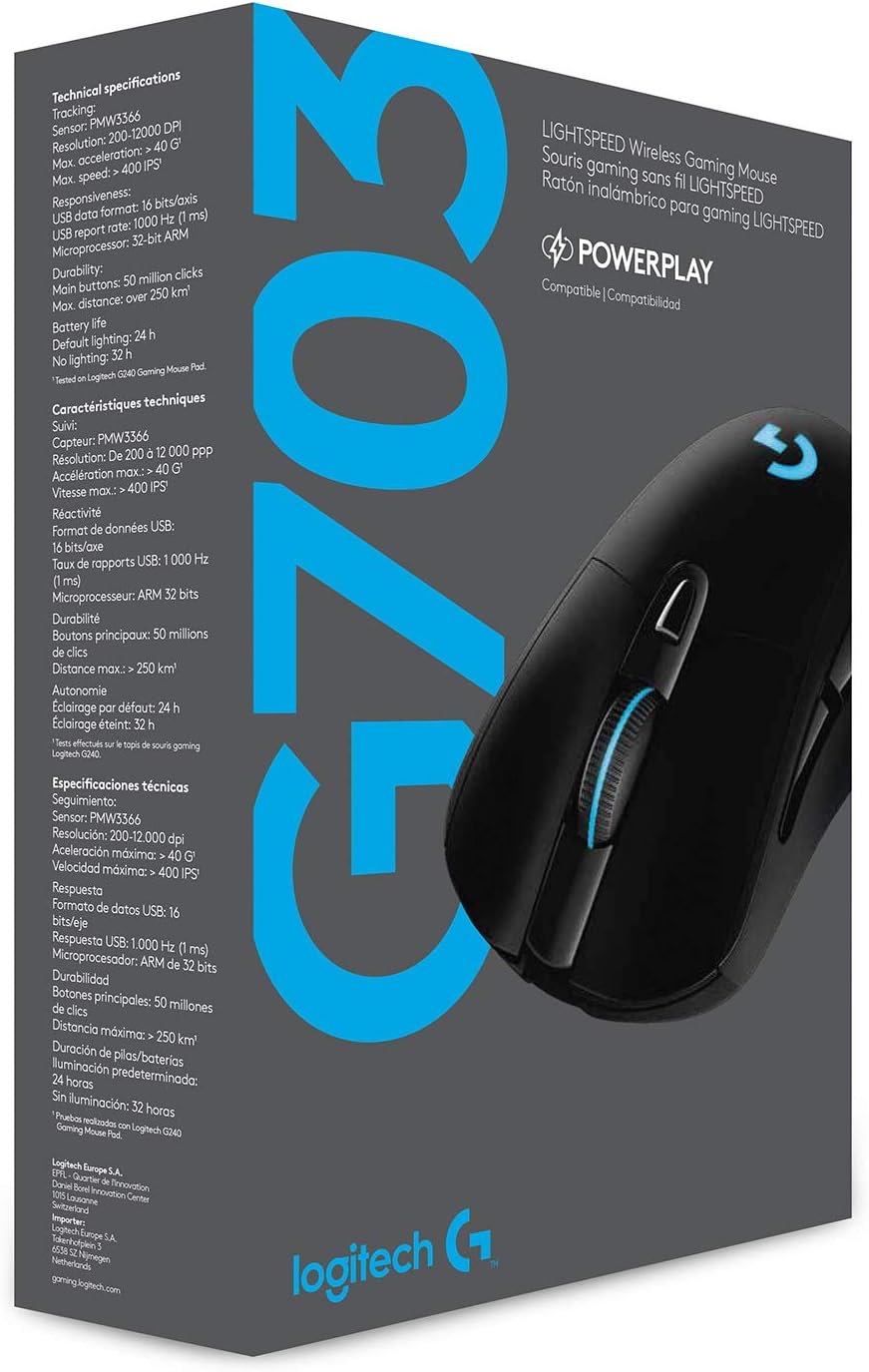 Logitech G703 LIGHTSPEED Wireless Gaming Mouse, HERO 25K Sensor, 25,600 DPI, RGB, Adjustable Weights, 6 Programmable Buttons, Long Battery Life, POWERPLAY-compatible, PC/Mac - Black