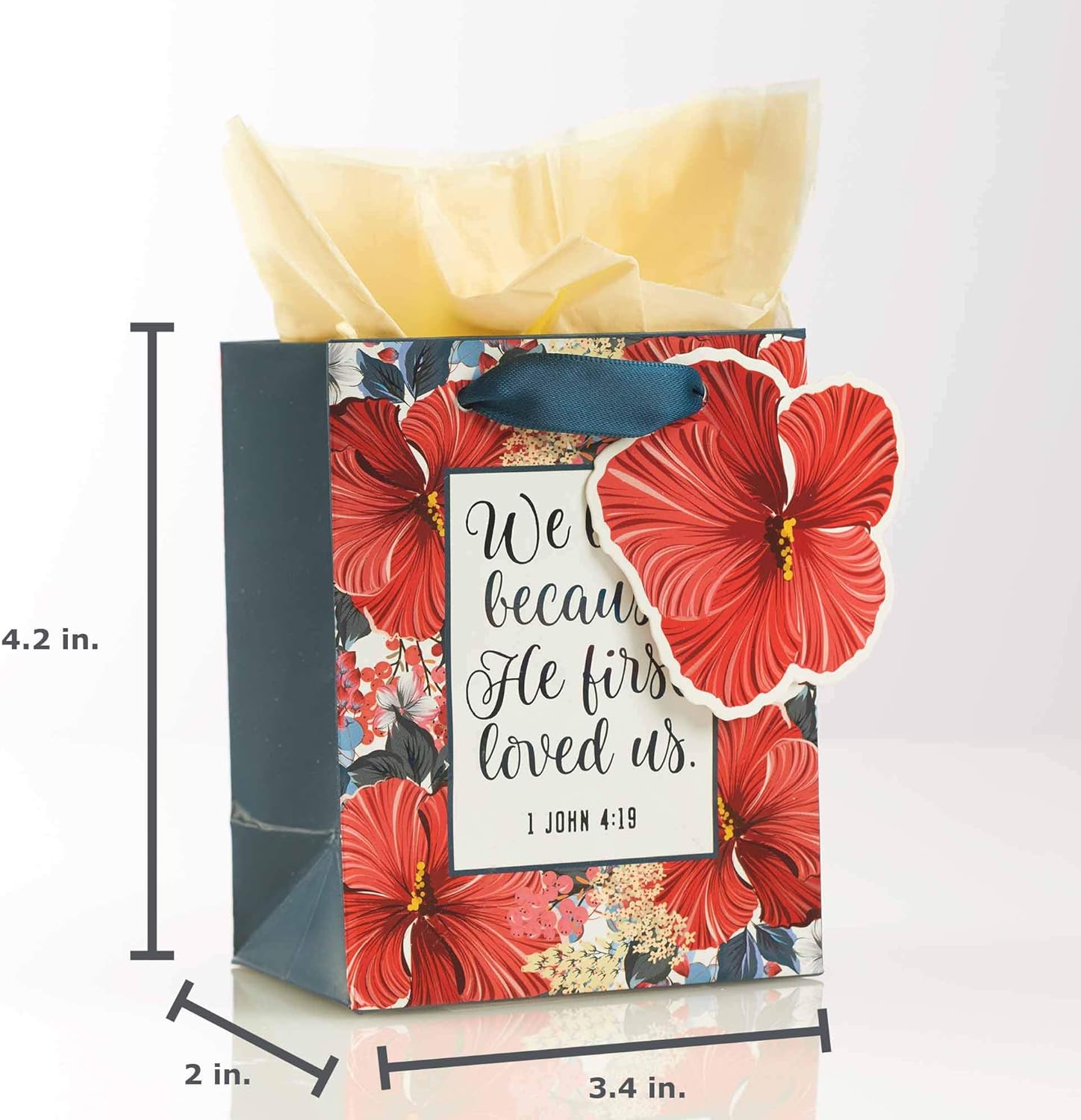 Christian Art Gifts Gift Bag/Tissue Paper Set He First Loved Us 1 John 4:19 Bible Verse, Red Floral, Extra Small