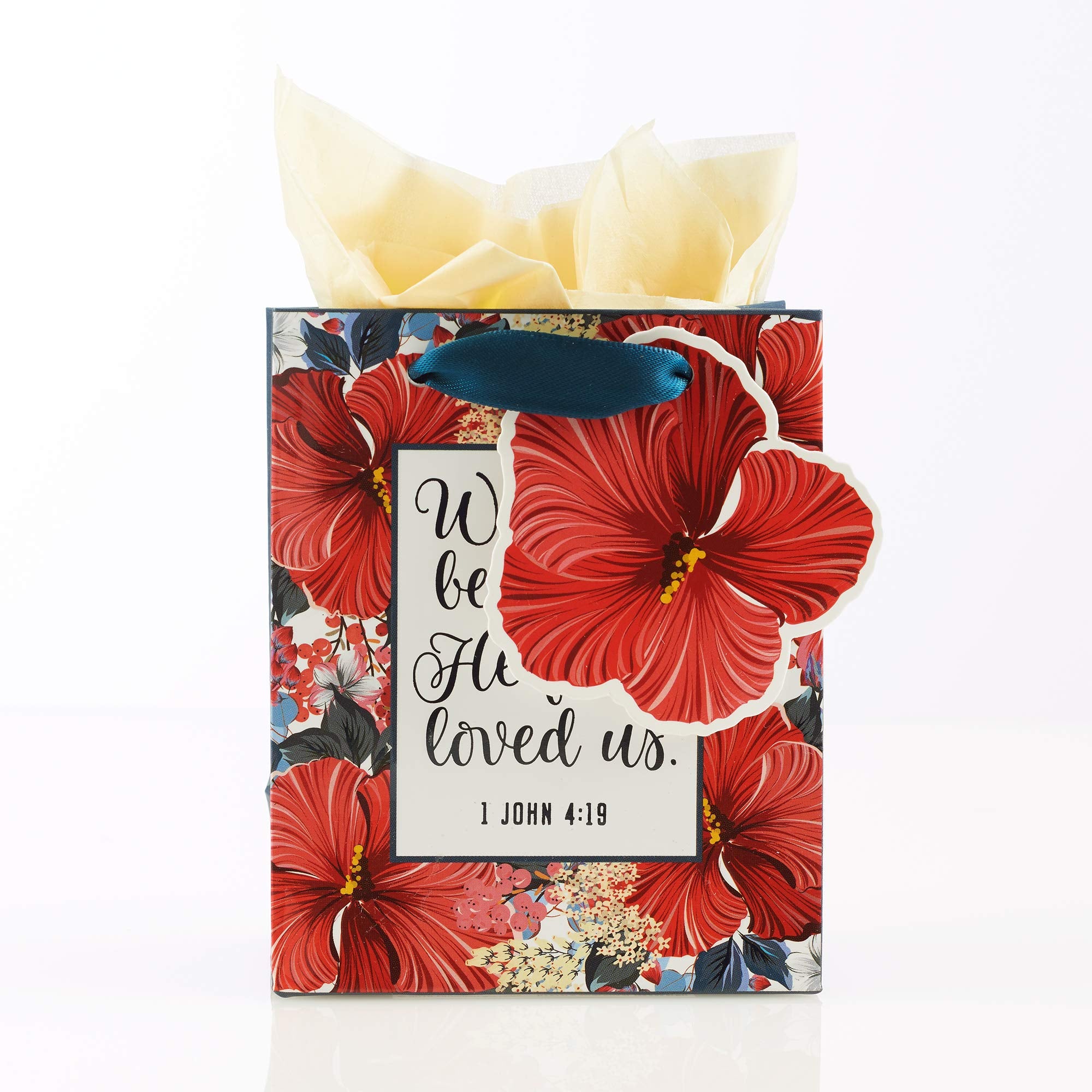 Christian Art Gifts Gift Bag/Tissue Paper Set He First Loved Us 1 John 4:19 Bible Verse, Red Floral, Extra Small