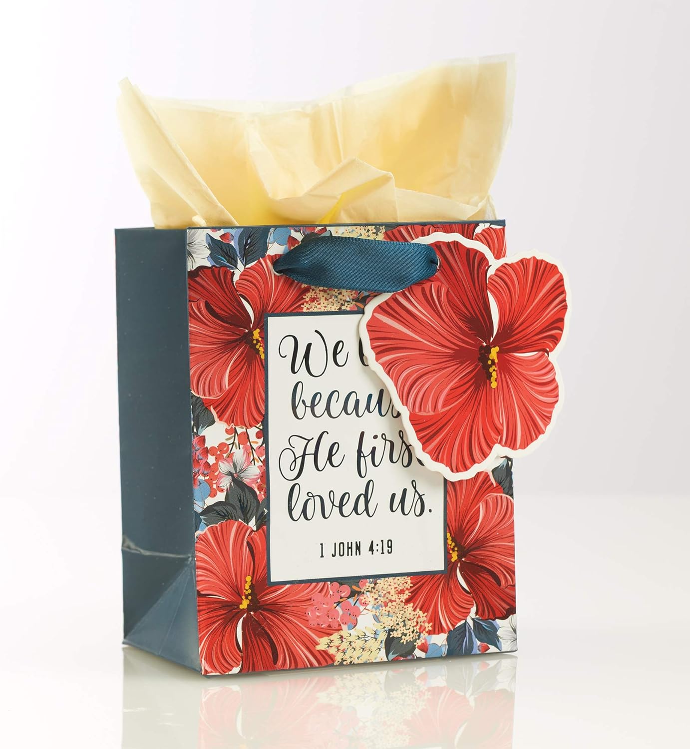 Christian Art Gifts Gift Bag/Tissue Paper Set He First Loved Us 1 John 4:19 Bible Verse, Red Floral, Extra Small
