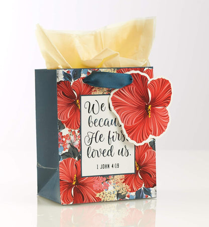 Christian Art Gifts Gift Bag/Tissue Paper Set He First Loved Us 1 John 4:19 Bible Verse, Red Floral, Extra Small