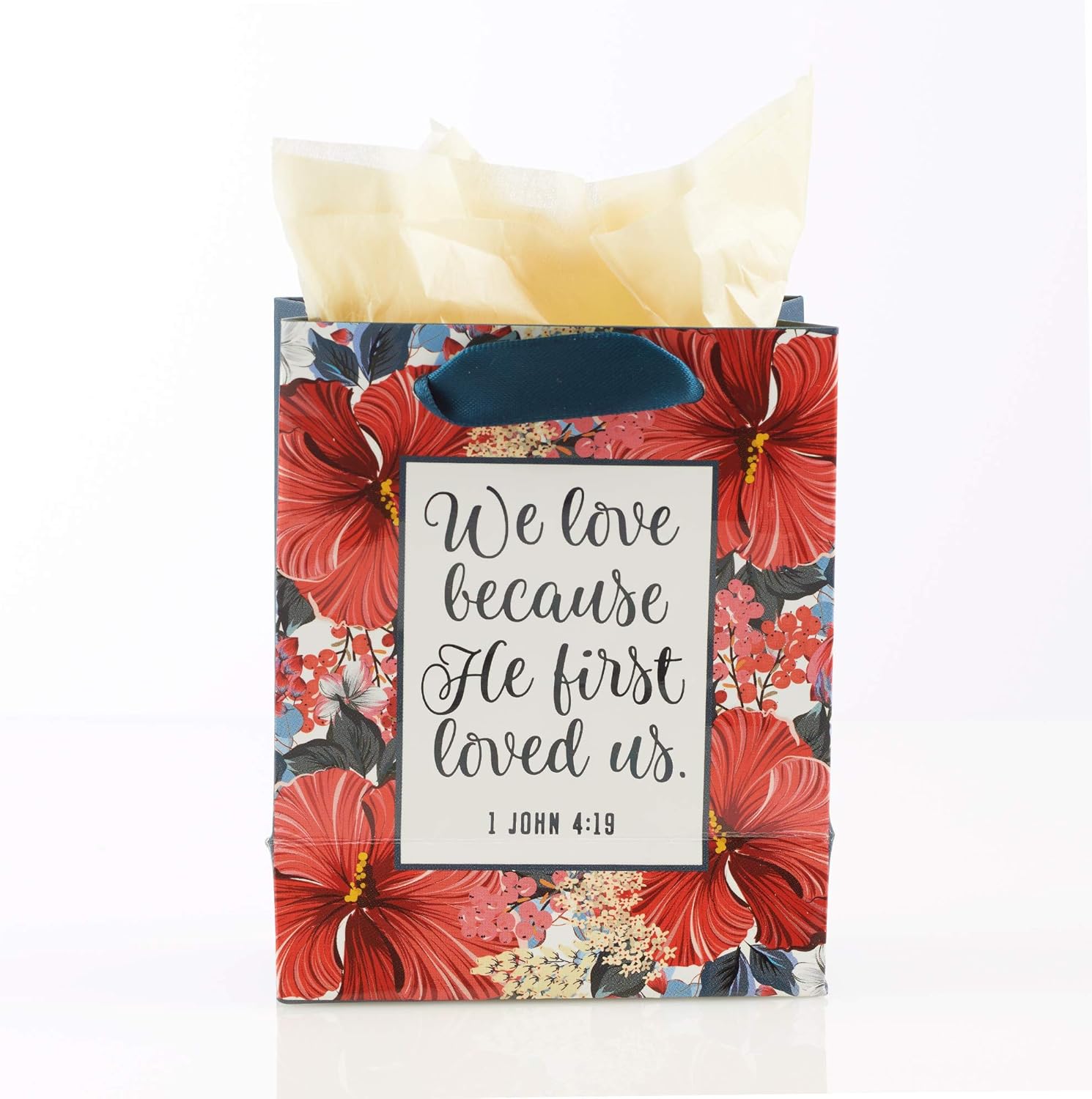 Christian Art Gifts Gift Bag/Tissue Paper Set He First Loved Us 1 John 4:19 Bible Verse, Red Floral, Extra Small