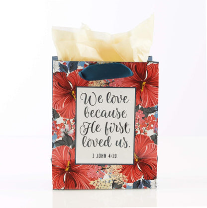 Christian Art Gifts Gift Bag/Tissue Paper Set He First Loved Us 1 John 4:19 Bible Verse, Red Floral, Extra Small
