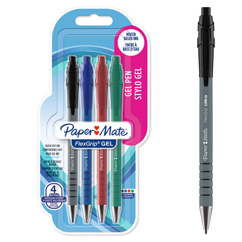 Paper Mate FlexGrip Gel Pens Medium Point (0.7 mm) Black, Blue, Red & Green Ink 4 Count