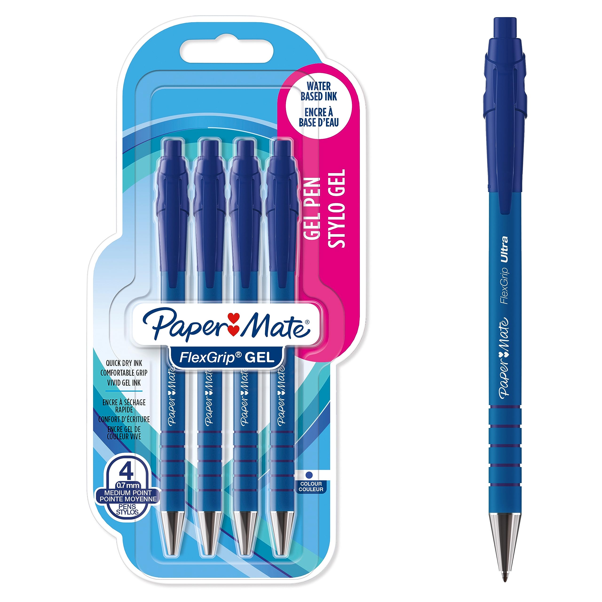 Paper Mate FlexGrip Gel Pens | Medium Point (0.7 mm) | Blue Ink | 4 Count