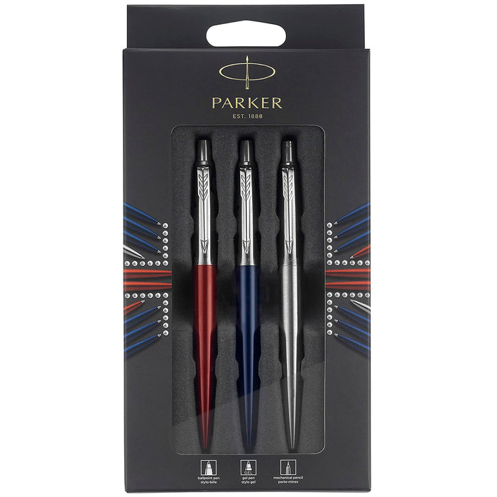 Parker Jotter London Trio Discovery Pack: Ballpoint Pen (Royal Blue), Gel Pen (Red Kensington) & Mechanical Pencil (Stainless Steel