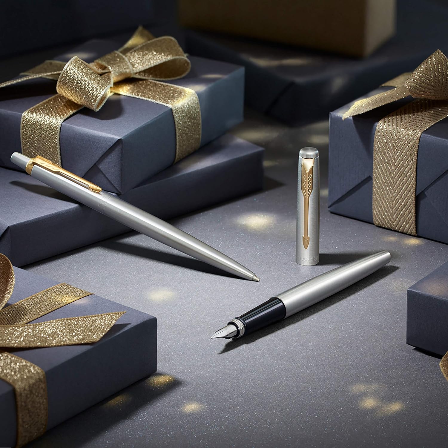 Waterman Expert Fountain Pen, Stainless Steel with Chrome Trim, Medium Nib with Blue Ink Cartridge, Gift Box